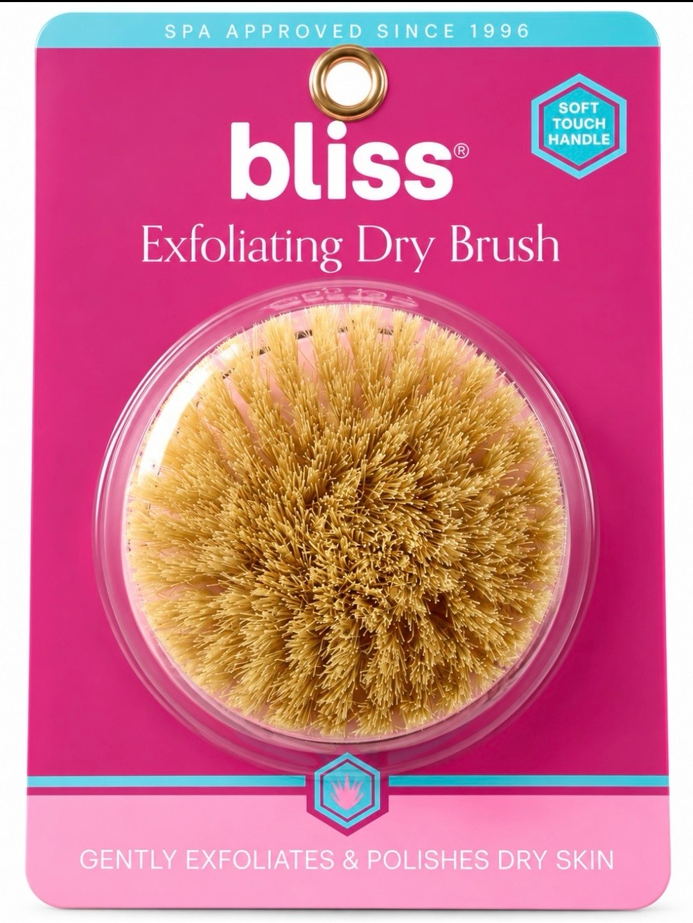 Bliss Exfoliating Dry Brush — Pink Packaging with Tan Bristles